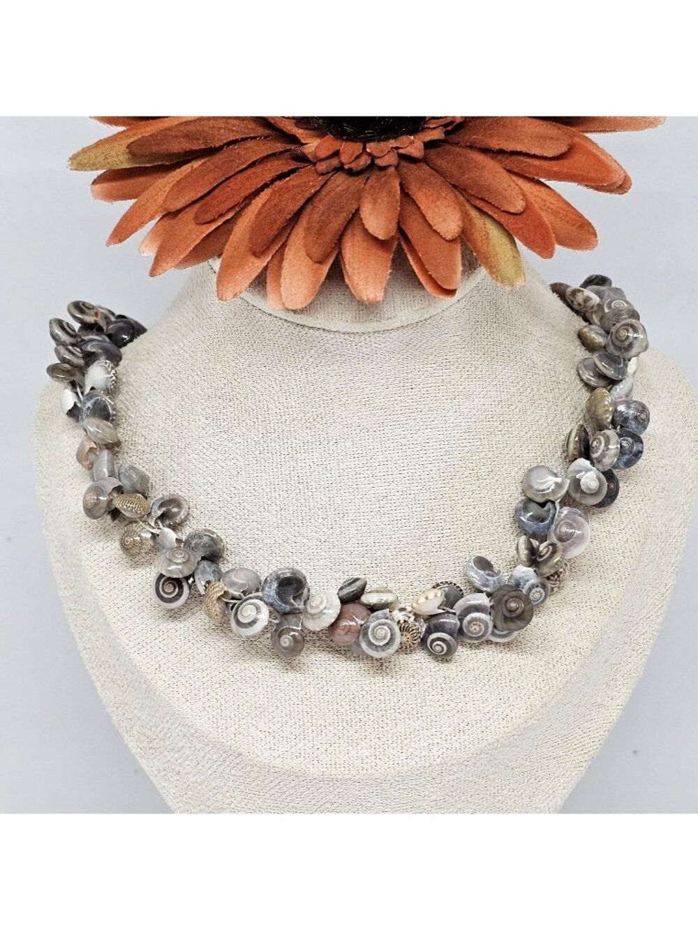 Gray Button Snail Shell Necklace 18" Choker Beach Coastal Boho Jewelry